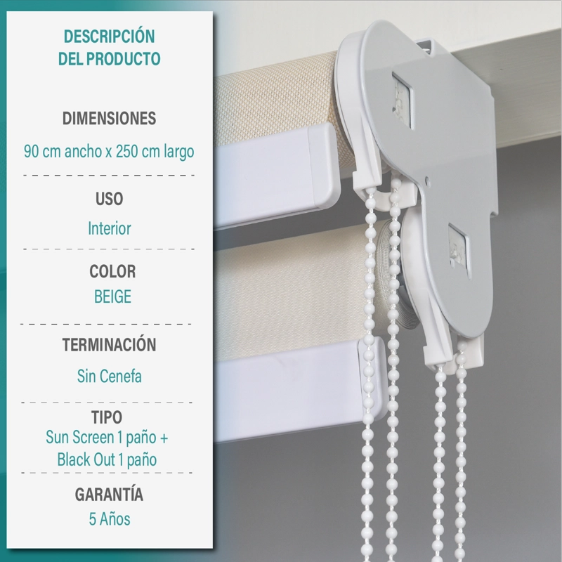 CORTINA ROLLER DOBLE BLACKOUT Y SUNSCREEN 090X250 CM COLOR BEIGE MARCA AURA - 6