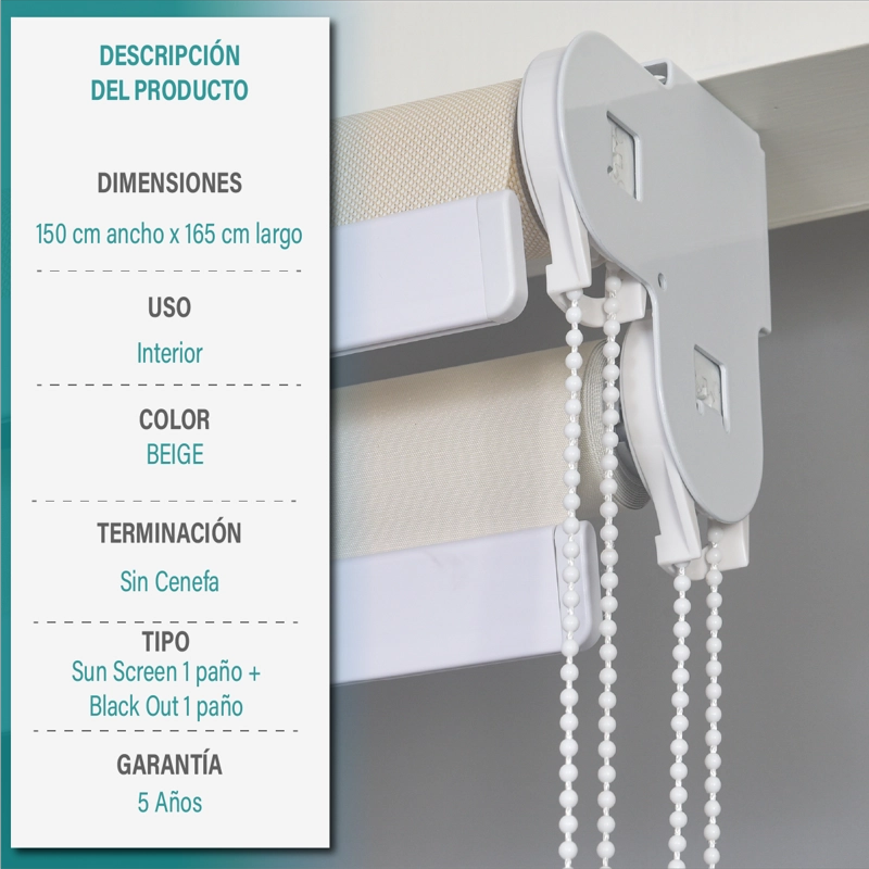 CORTINA ROLLER DOBLE BLACKOUT Y SUNSCREEN 150X165 CM COLOR BEIGE MARCA AURA - 9