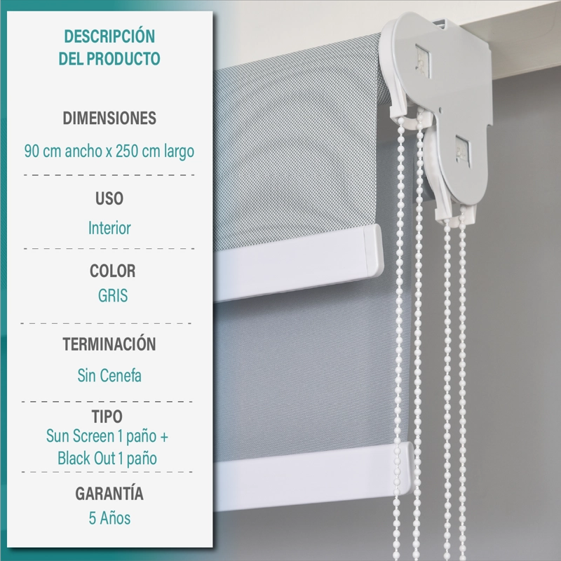 CORTINA ROLLER DOBLE BLACKOUT/SUNSCREEN 090X250 CM GRIS AURA - 6