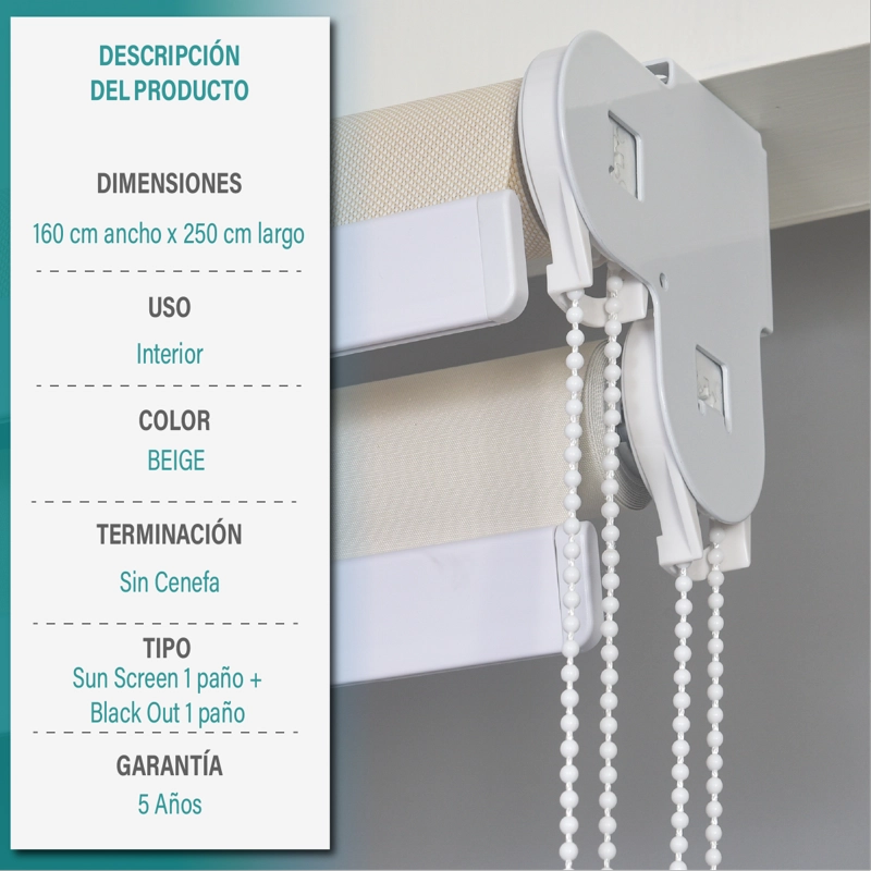 CORTINA ROLLER DOBLE BLACKOUT Y SUNSCREEN 160X250 CM COLOR BEIGE MARCA AURA - 6