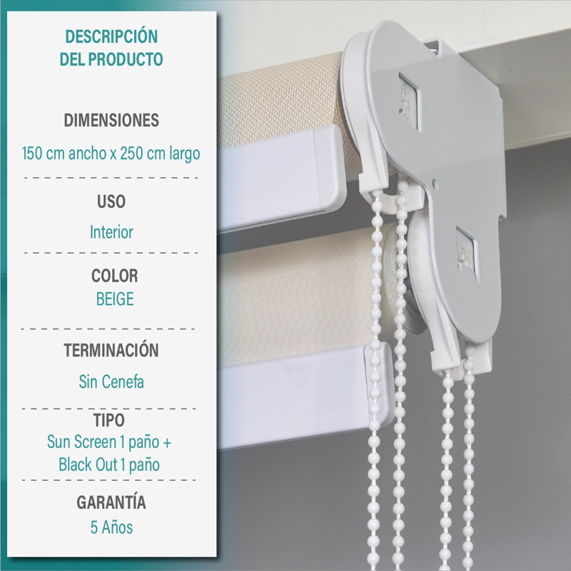 CORTINA ROLLER DOBLE BLACKOUT/SUNSCREEN 150X250 CM BEIGE AURA - 6