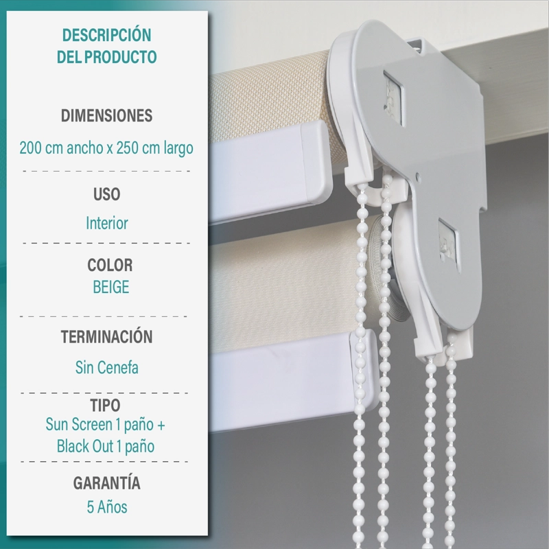 CORTINA ROLLER DOBLE BLACKOUT Y SUNSCREEN 200X250 CM BEIGE AURA - 6