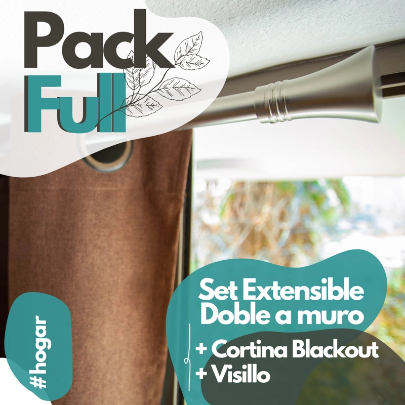 SET BARRAS PARA CORTINA DOBLE 16/19 MM EXTENSIBLE 170-320 CM A MURO SATIN CONICO + CORTINA Y VISILLO - 1