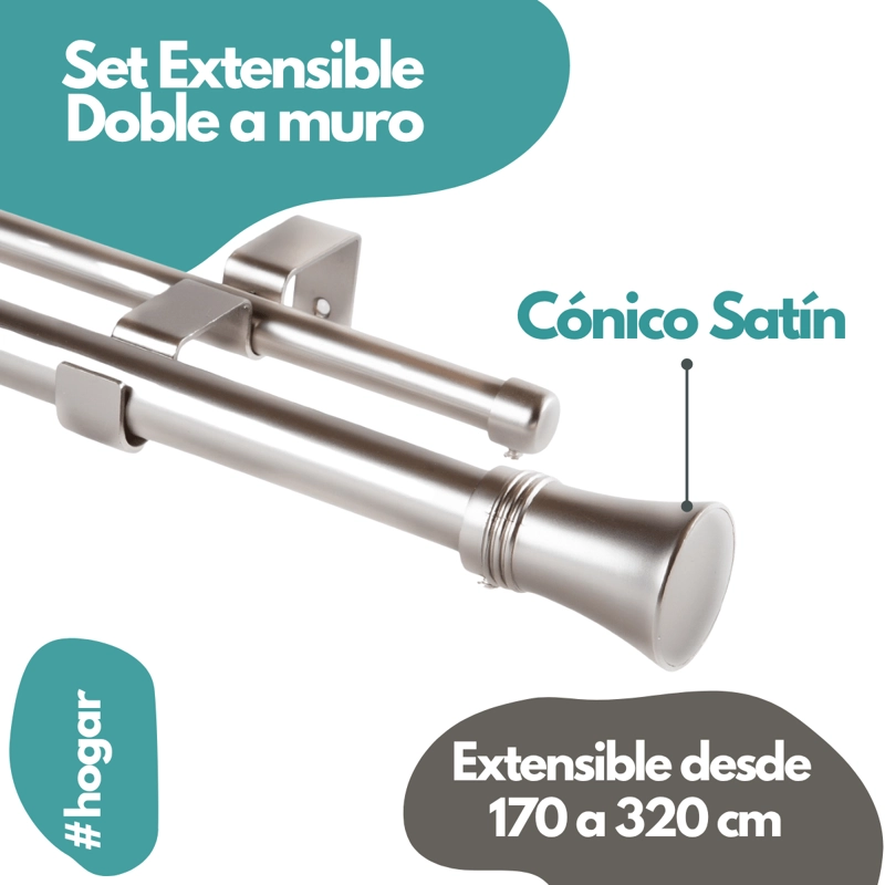 SET BARRAS PARA CORTINA DOBLE 16/19 MM EXTENSIBLE 170-320 CM A MURO SATIN CONICO + CORTINA Y VISILLO - 2