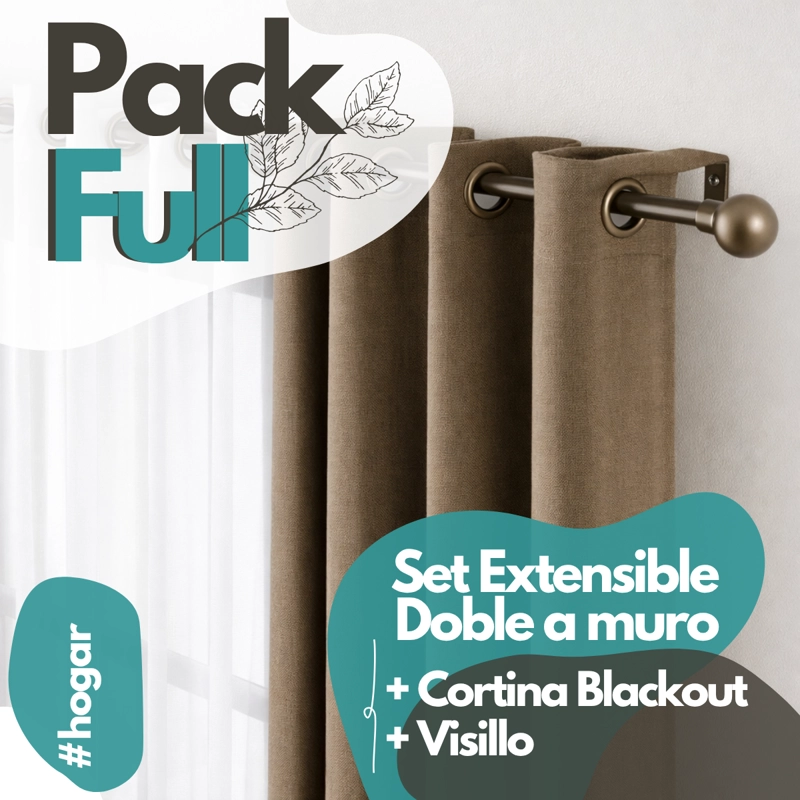 SET BARRAS PARA CORTINA DOBLE 16/19 MM EXTENSIBLE 170-320 CM A MURO CAFE  BOLA + CORTINA Y VISILLO - 1