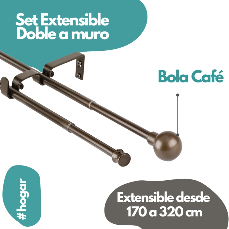 SET BARRAS PARA CORTINA DOBLE 16/19 MM EXTENSIBLE 170-320 CM A MURO CAFE  BOLA + CORTINA Y VISILLO - 2