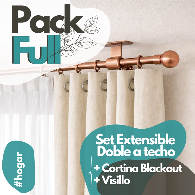 SET BARRAS PARA CORTINA DOBLE 16/19 MM EXTENSIBLE 170-320 CM A TECHO COBRE BOLA + CORTINA Y VISILLO - 1