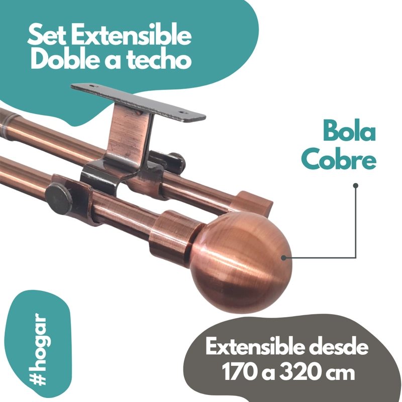 SET BARRAS PARA CORTINA DOBLE 16/19 MM EXTENSIBLE 170-320 CM A TECHO COBRE BOLA + CORTINA Y VISILLO - 2