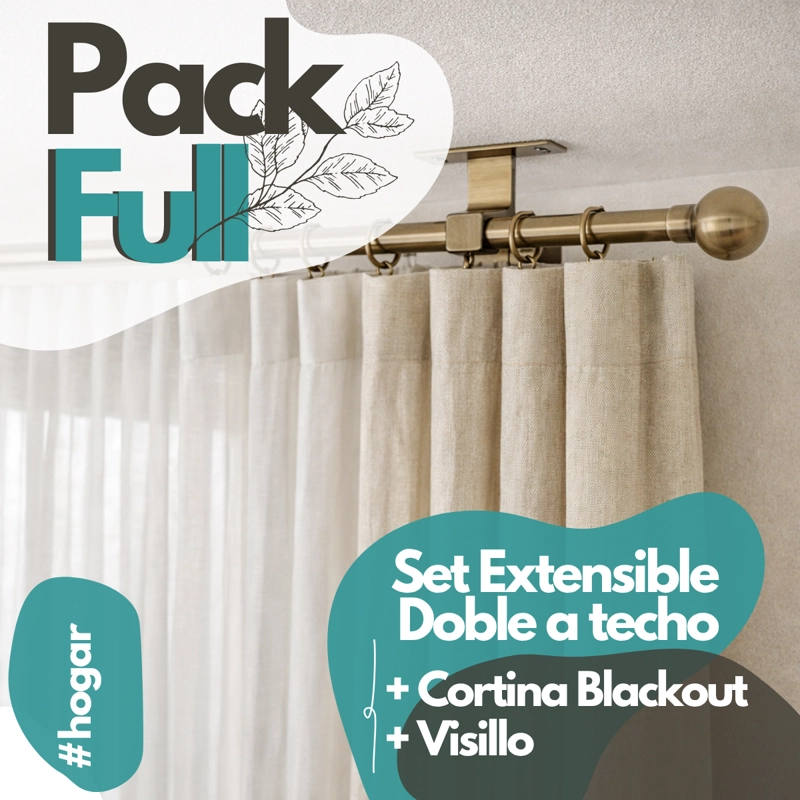SET BARRAS PARA CORTINA DOBLE 16/19 MM EXTENSIBLE 170-320 CM A TECHO BRONCE BOLA + CORTINA Y VISILLO - 1