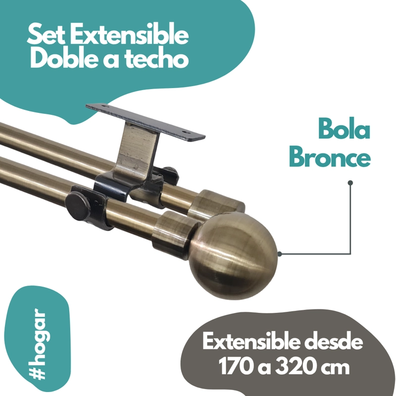 SET BARRAS PARA CORTINA DOBLE 16/19 MM EXTENSIBLE 170-320 CM A TECHO BRONCE BOLA + CORTINA Y VISILLO - 2