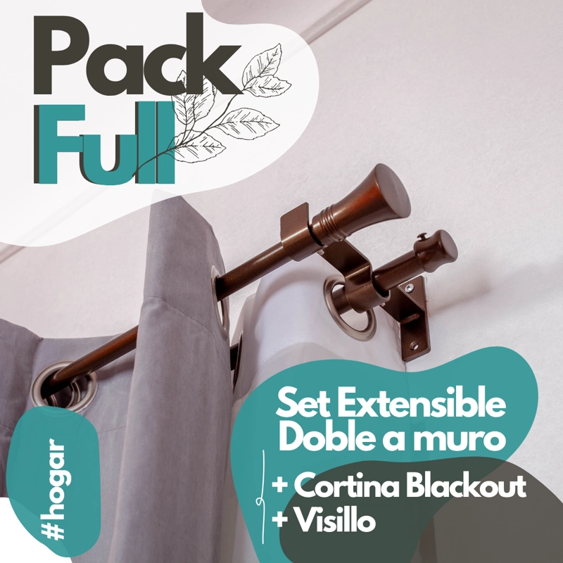 SET BARRAS PARA CORTINA DOBLE 16/19 MM EXTENSIBLE 170-320 CM A MURO CAFE  CONICO + CORTINA Y VISILLO - 1