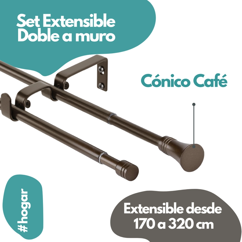 SET BARRAS PARA CORTINA DOBLE 16/19 MM EXTENSIBLE 170-320 CM A MURO CAFE  CONICO + CORTINA Y VISILLO - 2