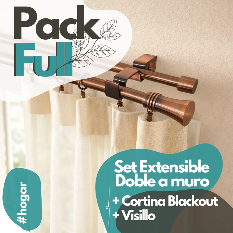 SET BARRAS PARA CORTINA DOBLE 16/19 MM EXTENSIBLE 170-320 CM A MURO COBRE CONICO + CORTINA Y VISILLO - 1
