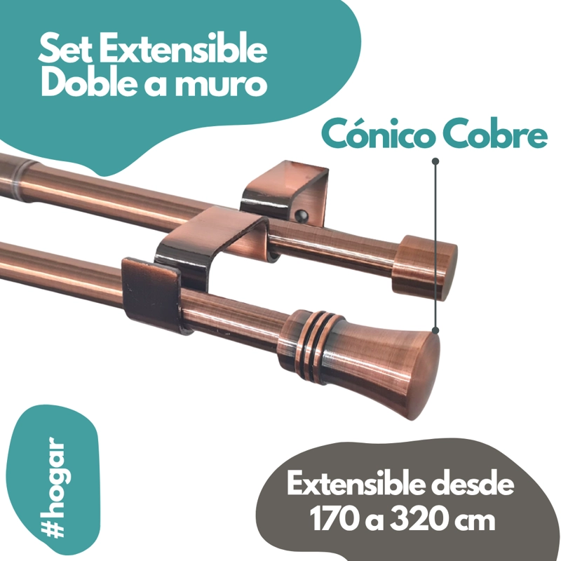 SET BARRAS PARA CORTINA DOBLE 16/19 MM EXTENSIBLE 170-320 CM A MURO COBRE CONICO + CORTINA Y VISILLO - 2