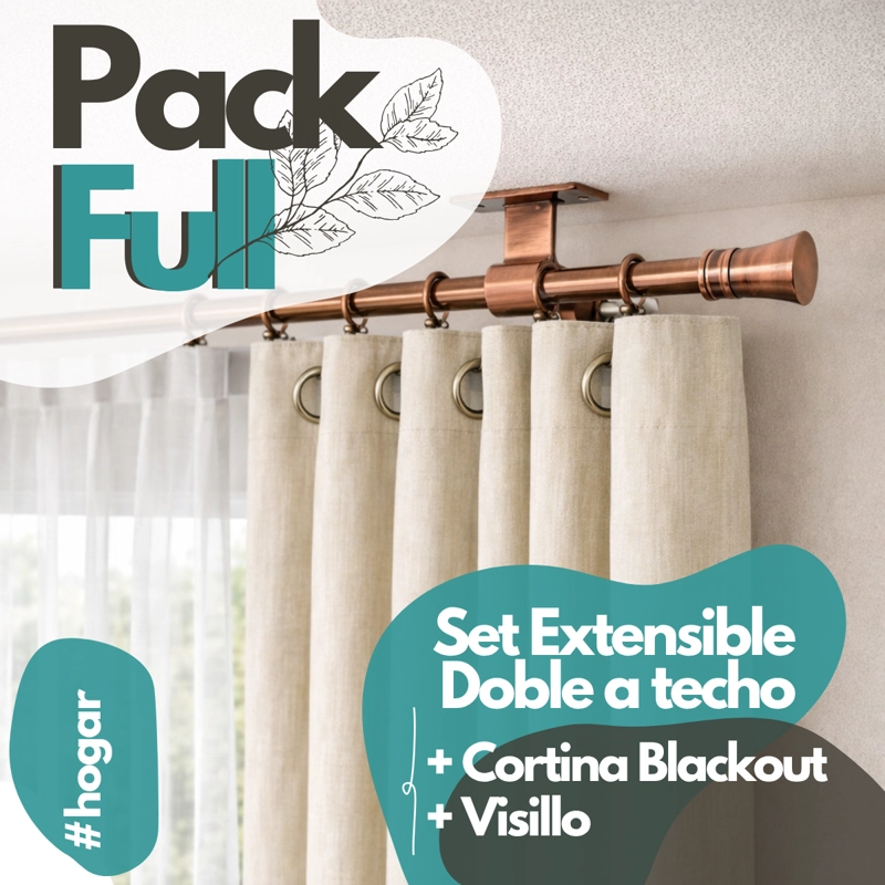 SET BARRAS PARA CORTINA DOBLE 16/19 MM EXTENSIBLE 170-320 CM A TECHO COBRE CONICO+CORTINA+VISILLO - 1