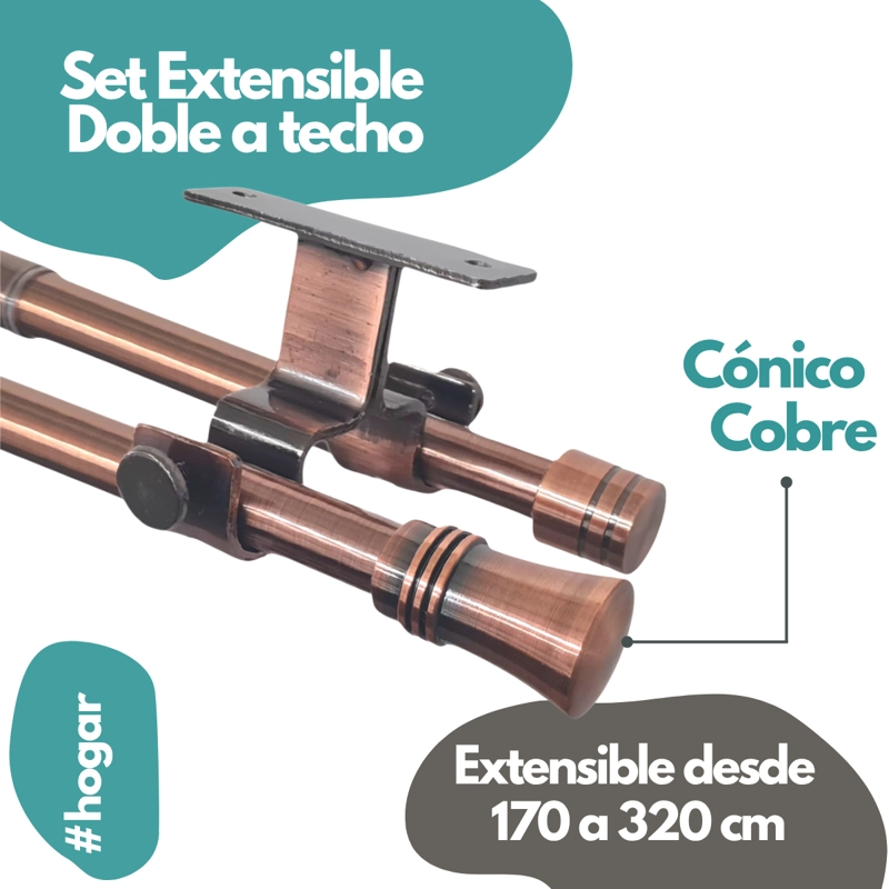 SET BARRAS PARA CORTINA DOBLE 16/19 MM EXTENSIBLE 170-320 CM A TECHO COBRE CONICO+CORTINA+VISILLO - 2