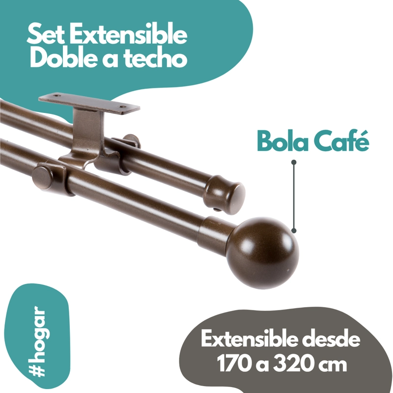 SET BARRAS PARA CORTINA DOBLE 16/19 MM EXTENSIBLE 170-320 CM A TECHO CAFE  BOLA + CORTINA Y VISILLO - 2