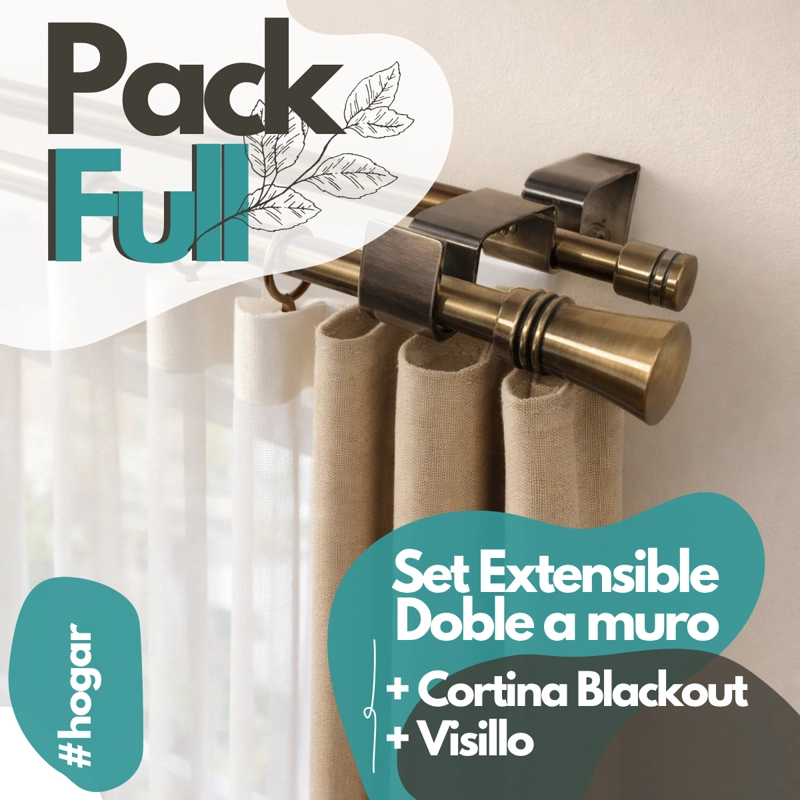 SET BARRAS PARA CORTINA DOBLE 16/19 MM EXTENSIBLE 170-320 CM A MURO BRONCE CONICO+CORTINA+VISILLO - 1