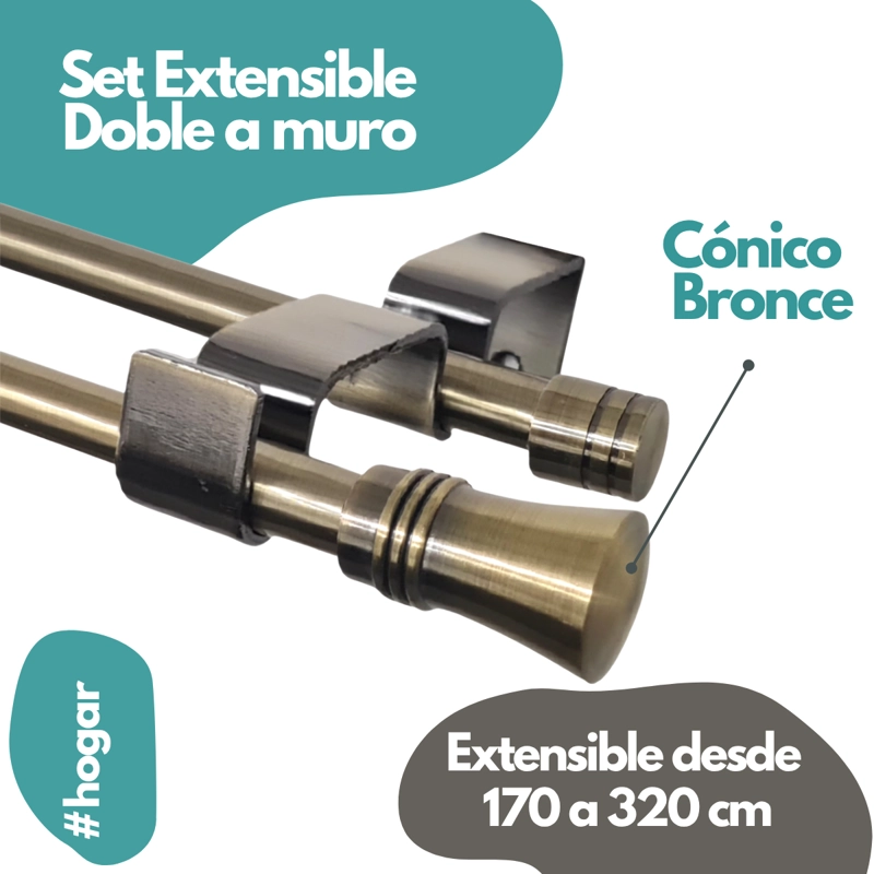 SET BARRAS PARA CORTINA DOBLE 16/19 MM EXTENSIBLE 170-320 CM A MURO BRONCE CONICO+CORTINA+VISILLO - 2
