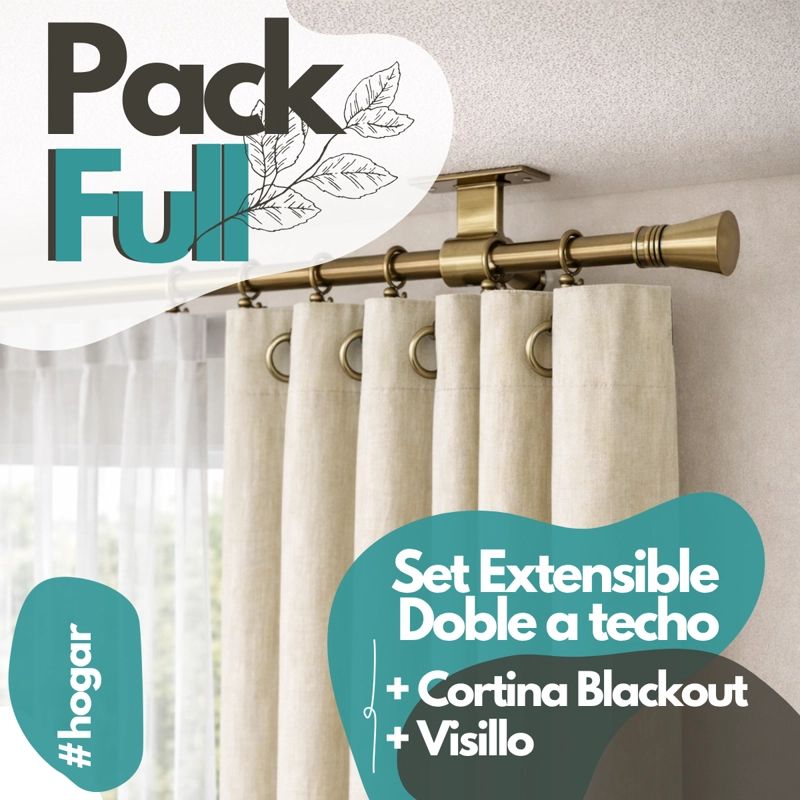SET BARRAS PARA CORTINA DOBLE 16/19 MM EXTENSIBLE 170-320 CM A TECHO BRONCE CONICO+CORTINA+VISILLO - 1