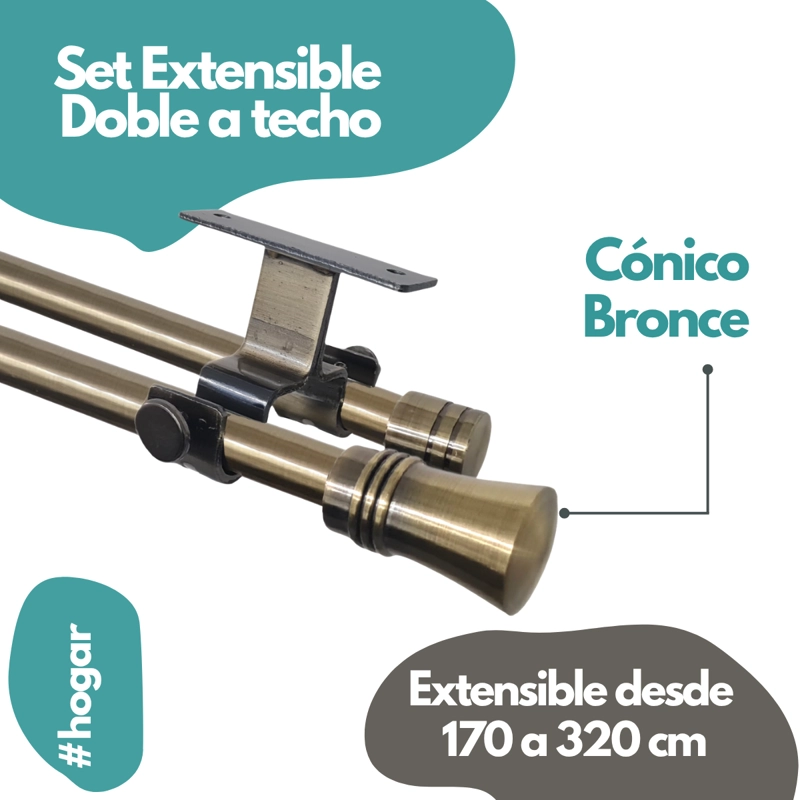SET BARRAS PARA CORTINA DOBLE 16/19 MM EXTENSIBLE 170-320 CM A TECHO BRONCE CONICO+CORTINA+VISILLO - 2