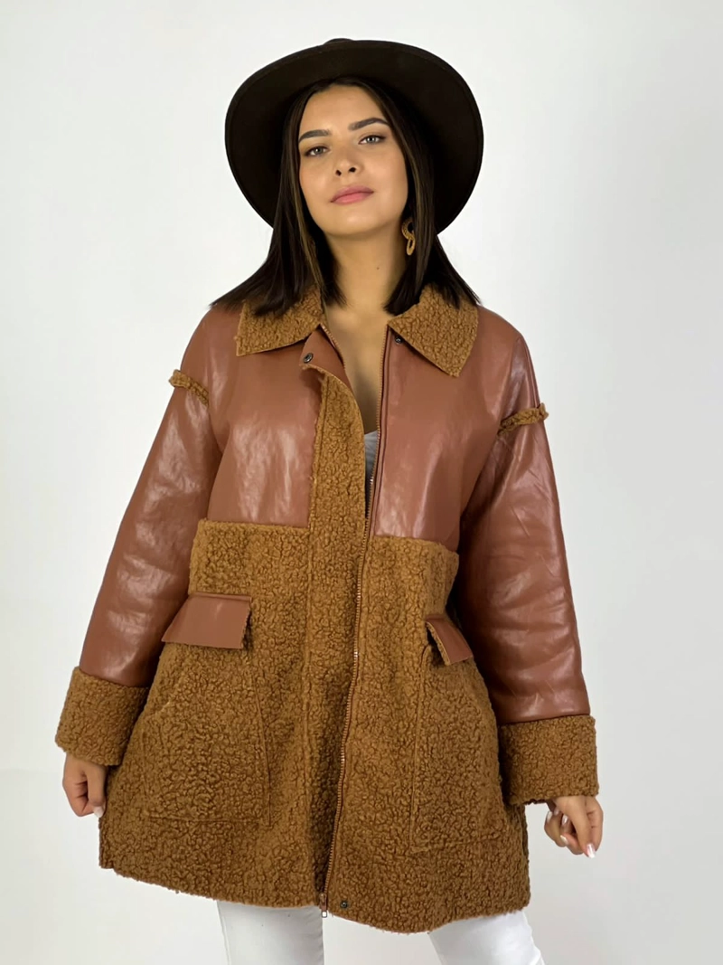CHAQUETA CHIPORRO CON ECO CUERO CAFÉ - 1