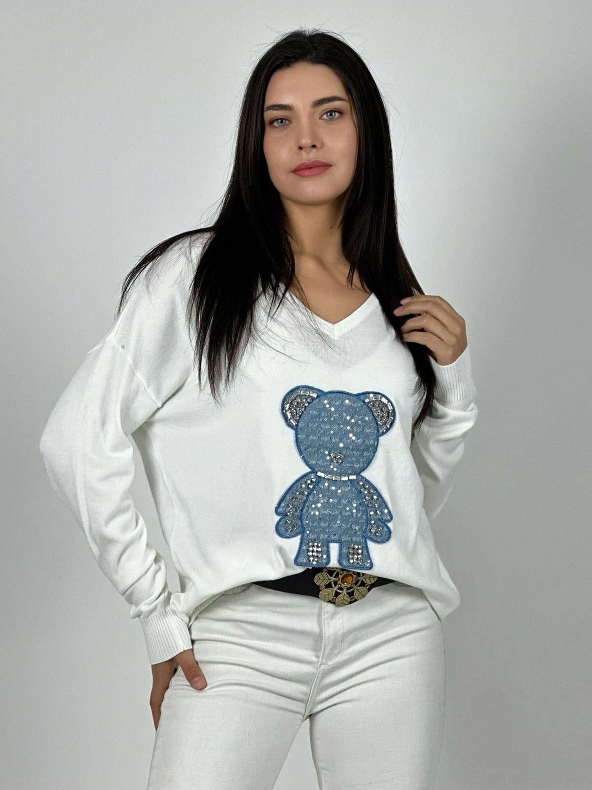 SWEATER SPANDEX DISEÑO OSITO BRILLANTE NEGRO - 1