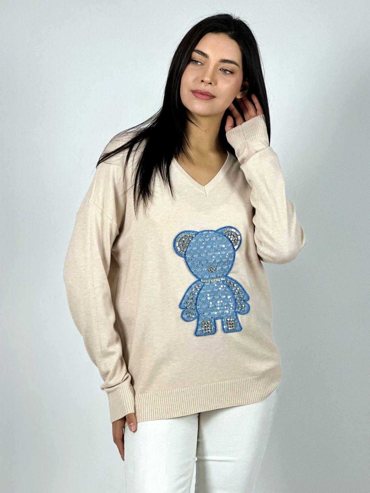 SWEATER SPANDEX DISEÑO OSITO BRILLANTE NEGRO - 1