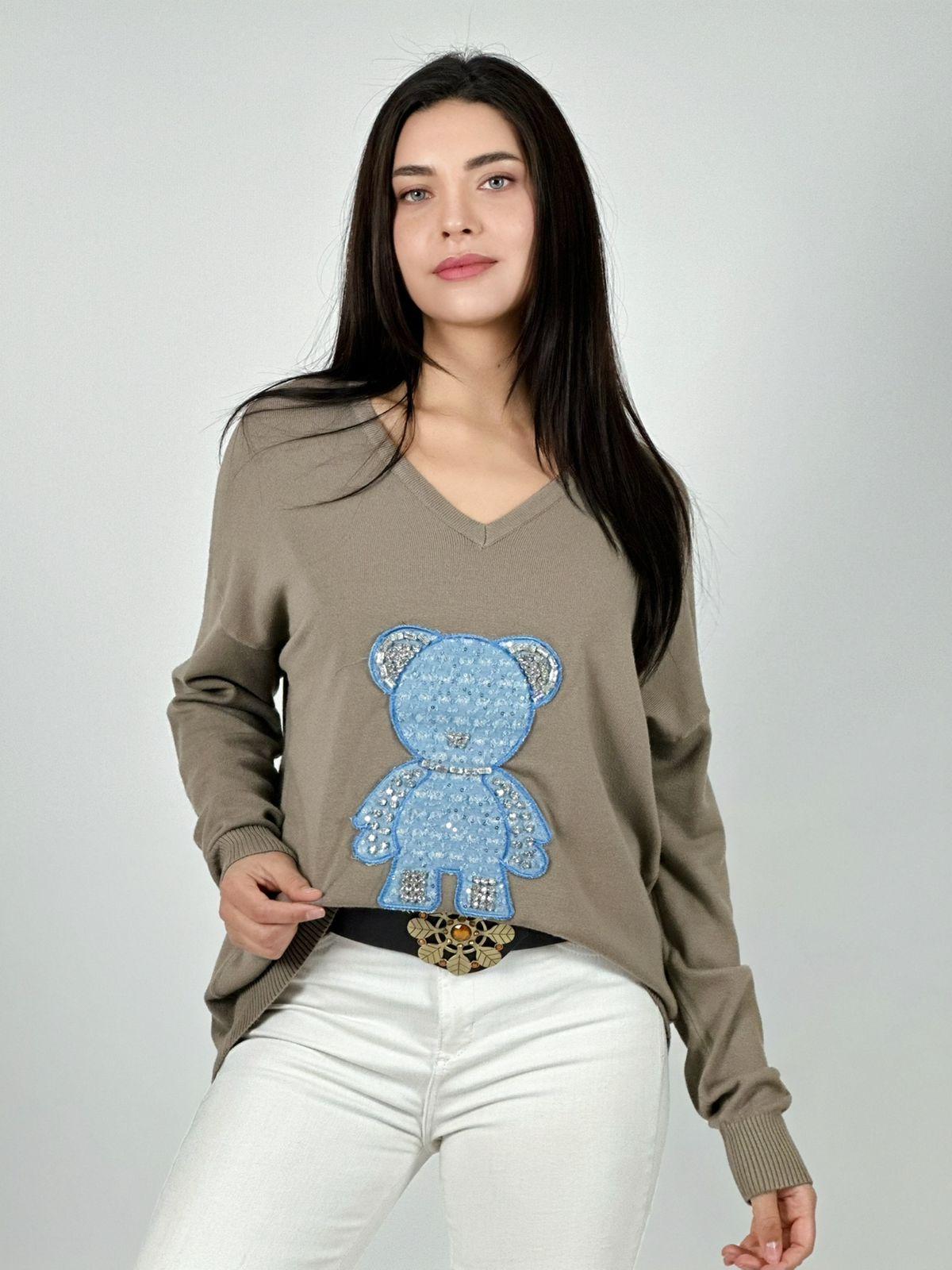 SWEATER SPANDEX DISEÑO OSITO BRILLANTE NEGRO - 1