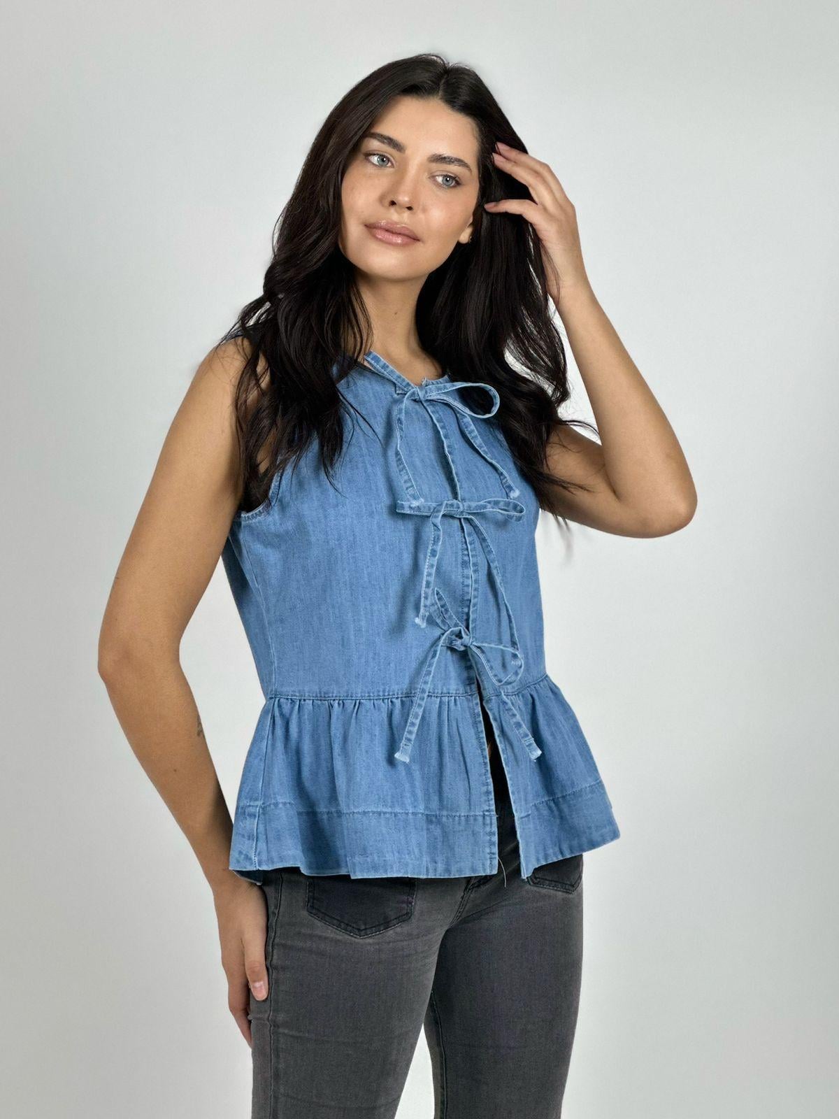 BLUSA MEZCLILLA FAROLEO CON AMARRAS CELESTE - 1
