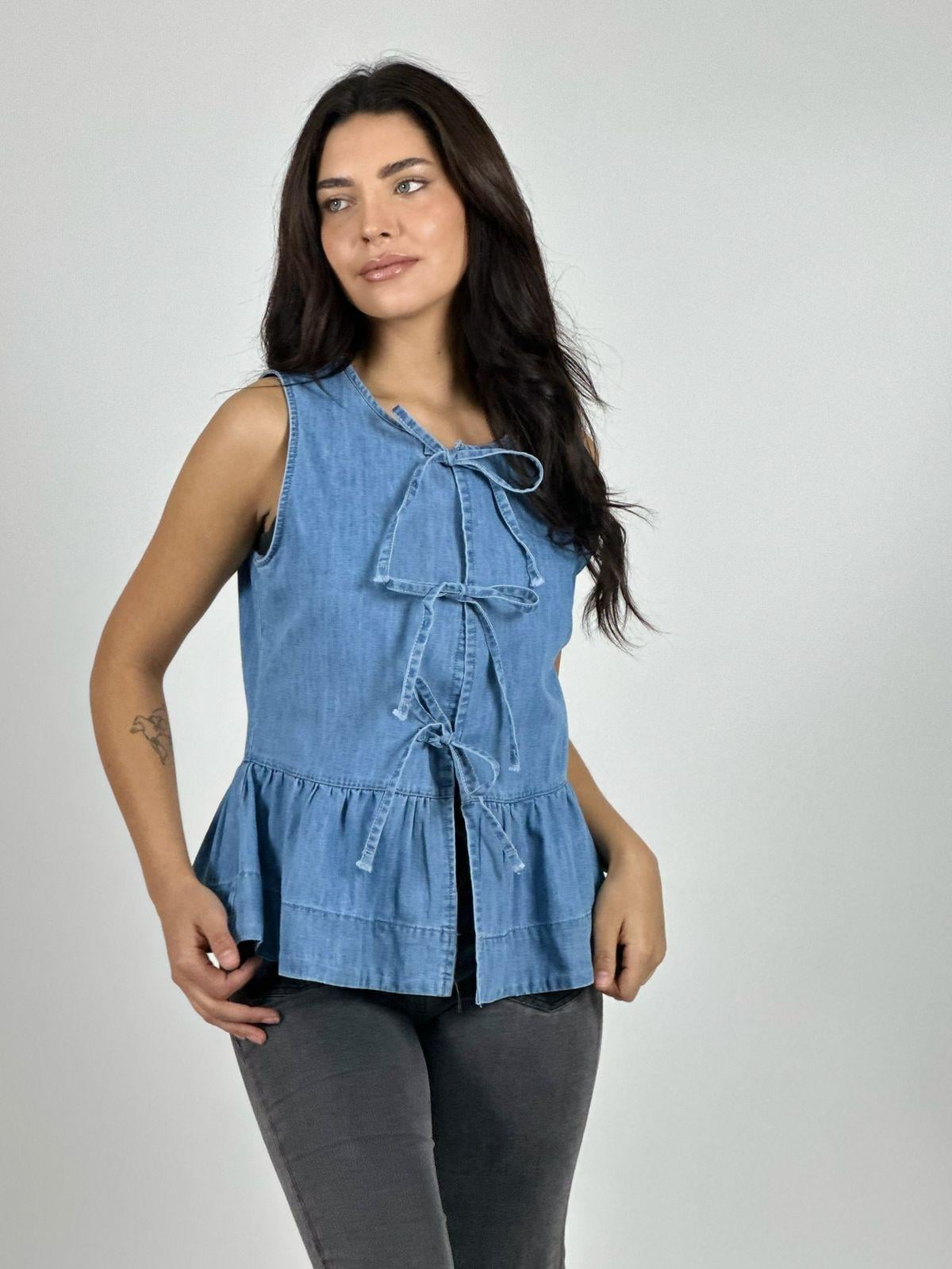 BLUSA MEZCLILLA FAROLEO CON AMARRAS CELESTE - 3