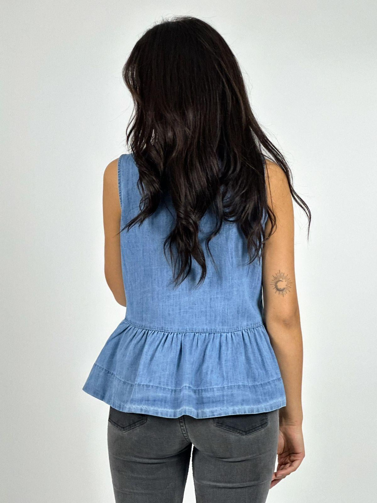 BLUSA MEZCLILLA FAROLEO CON AMARRAS CELESTE - 4