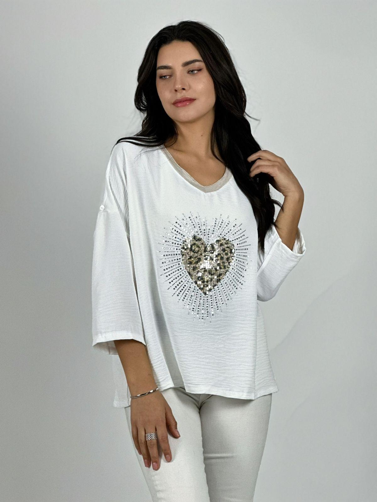 POLERA LINO CORAZON PRINT CON BRILLOS BLANCO - 1