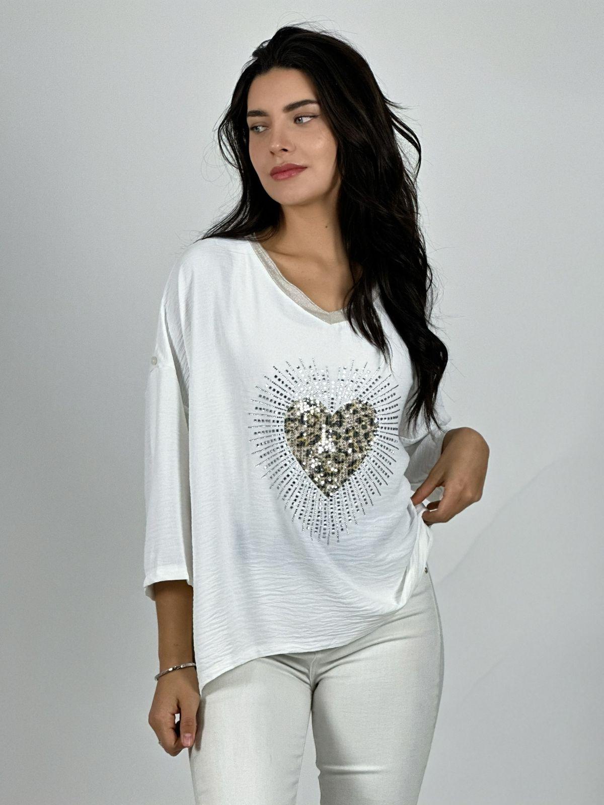 POLERA LINO CORAZON PRINT CON BRILLOS BLANCO - 2