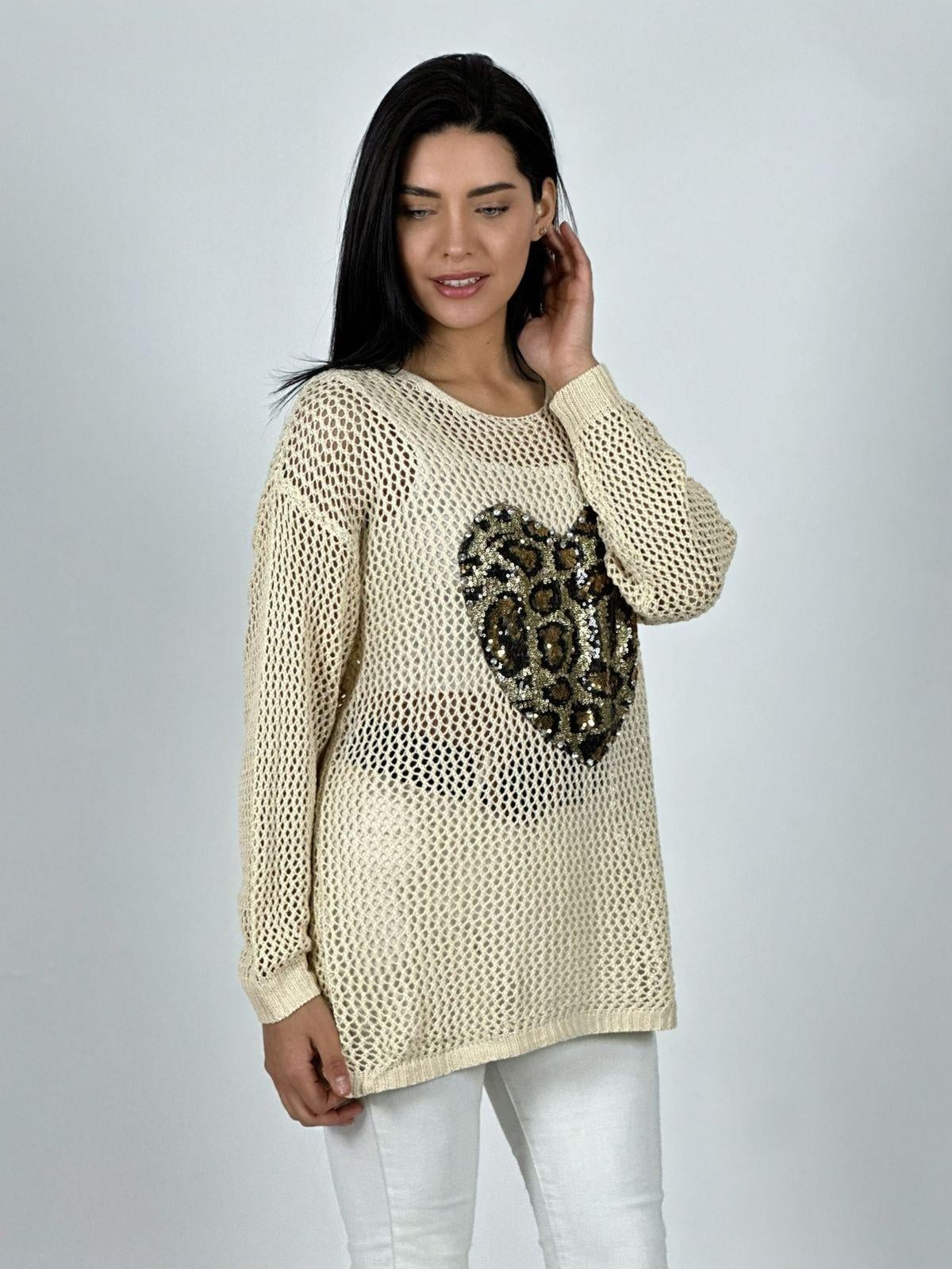 POLERA HILO BRODERI CORAZON PRINT BEIGE - 1