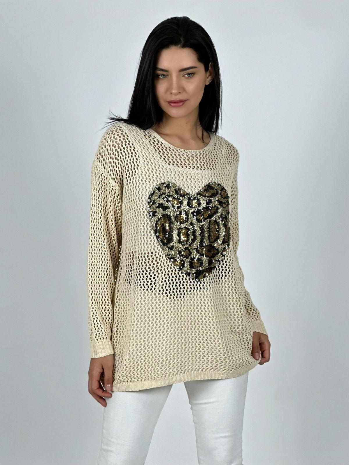 POLERA HILO BRODERI CORAZON PRINT BEIGE - 2