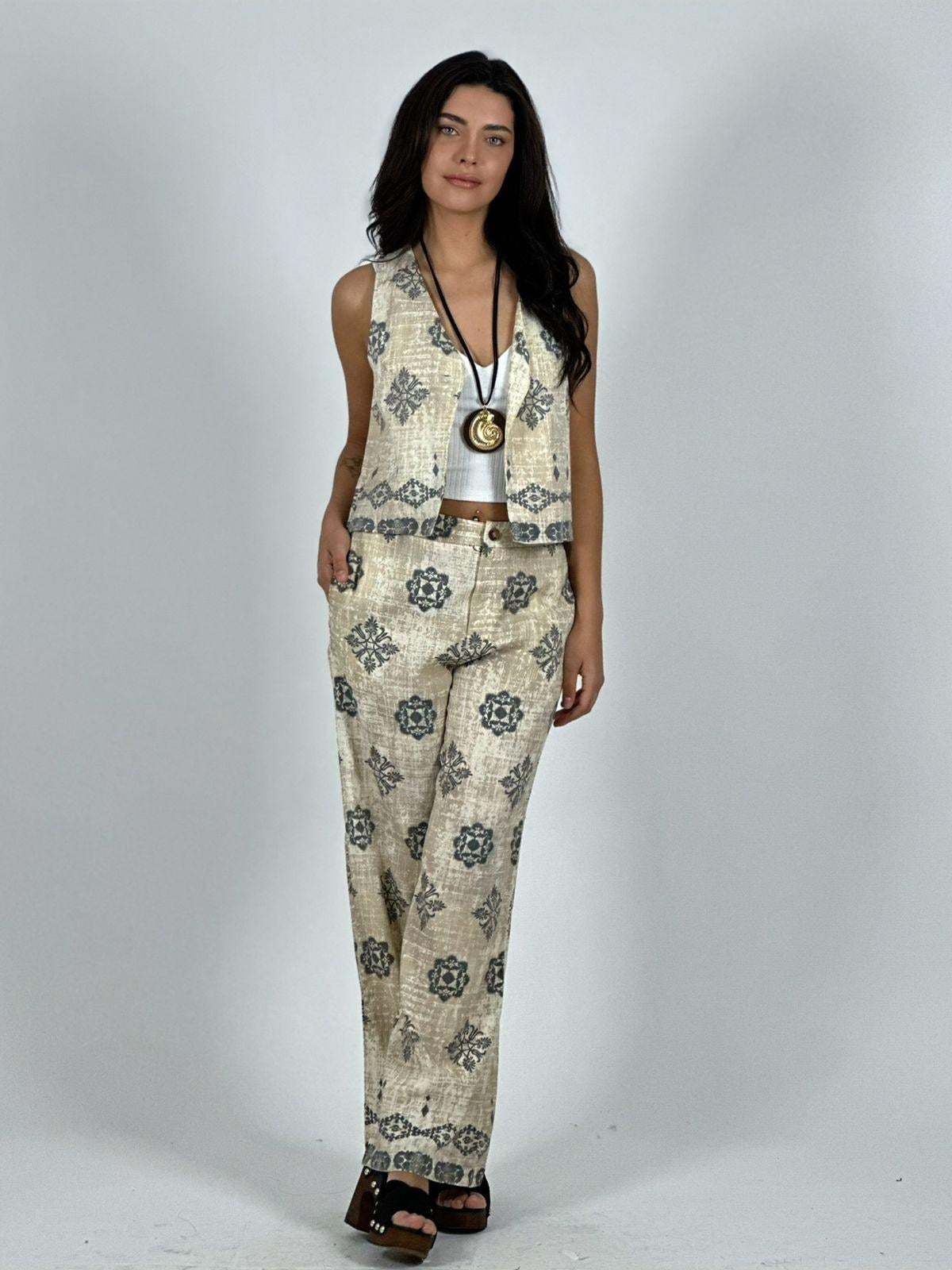 PANTALON Y GILLETTE LINO ESTAMPADO BOHO VERDE - 1