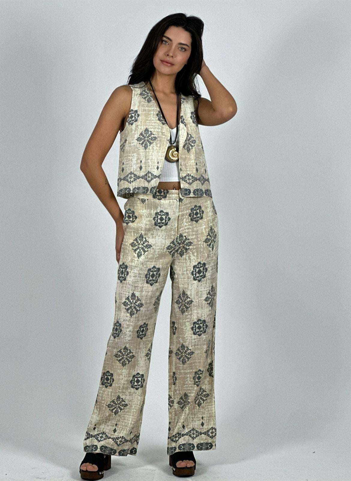 PANTALON Y GILLETTE LINO ESTAMPADO BOHO VERDE - 2