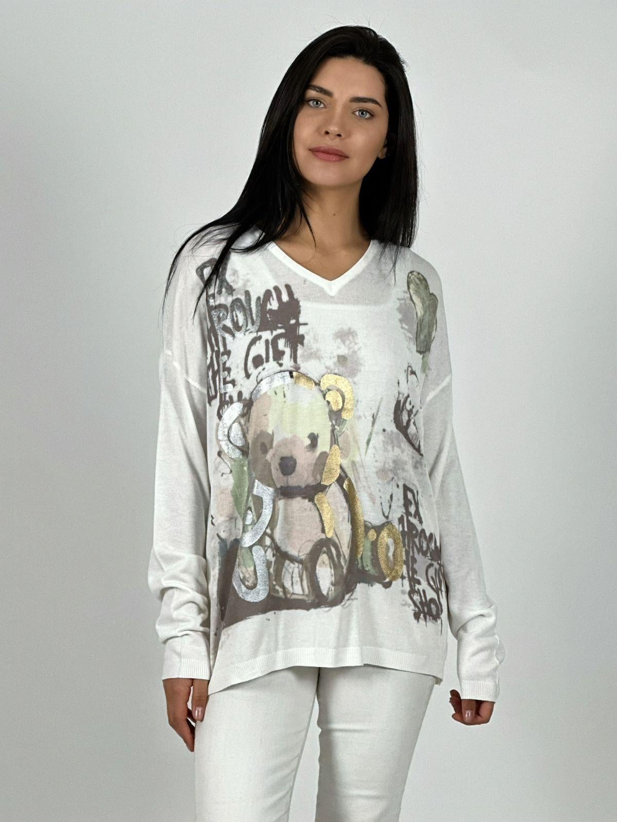 SWEATER HILO DISEÑO OSO CON BRILLO BLANCO - 1