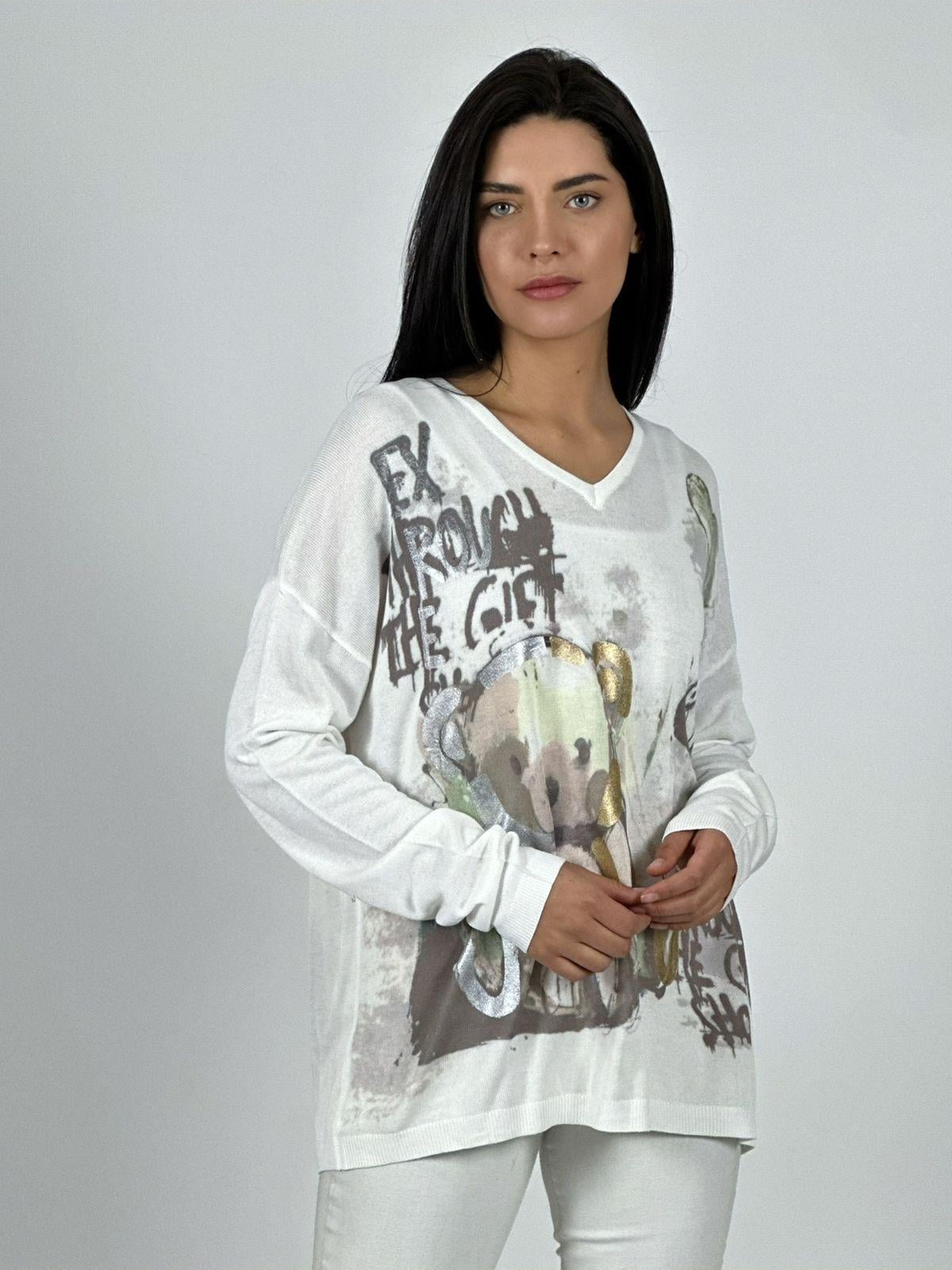SWEATER HILO DISEÑO OSO CON BRILLO BLANCO - 2