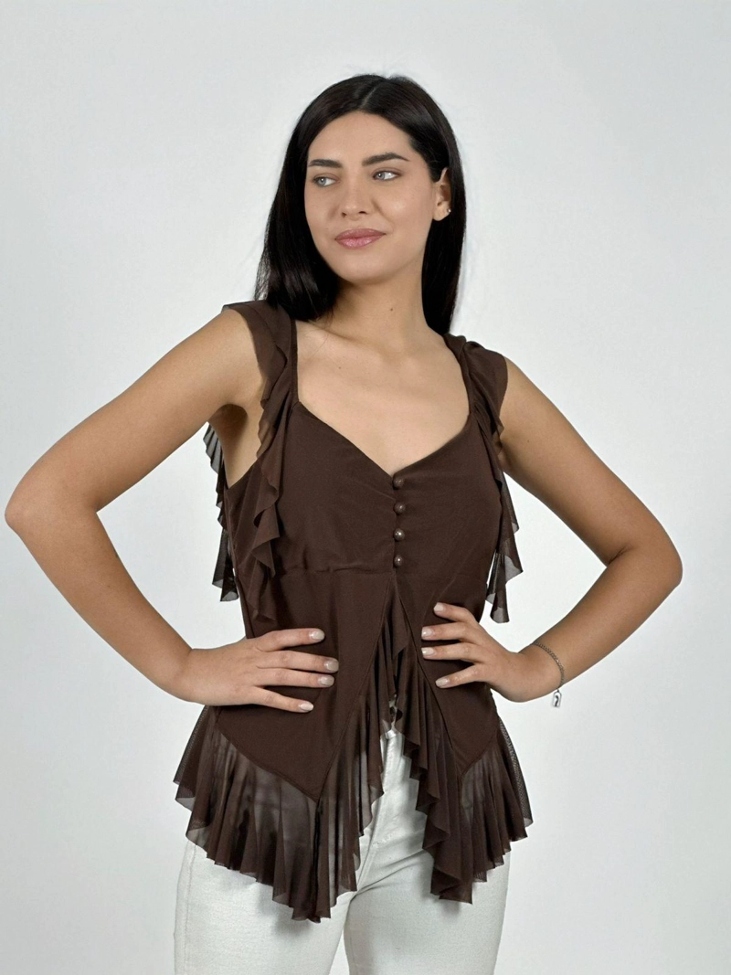 POLERA BOHO ABOTONADA CON VUELOS CAFE - 2