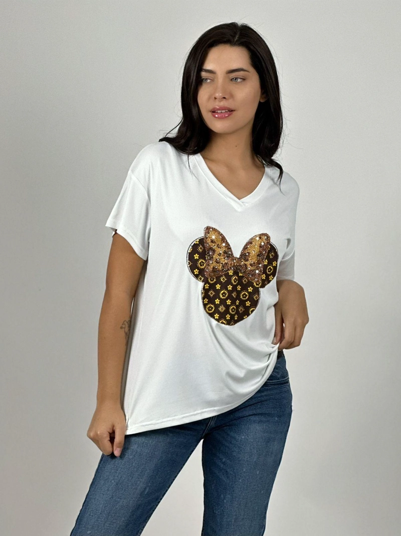 POLERA ALGODON MINNIE MOÑO CON BRILLOS BLANCO - 1