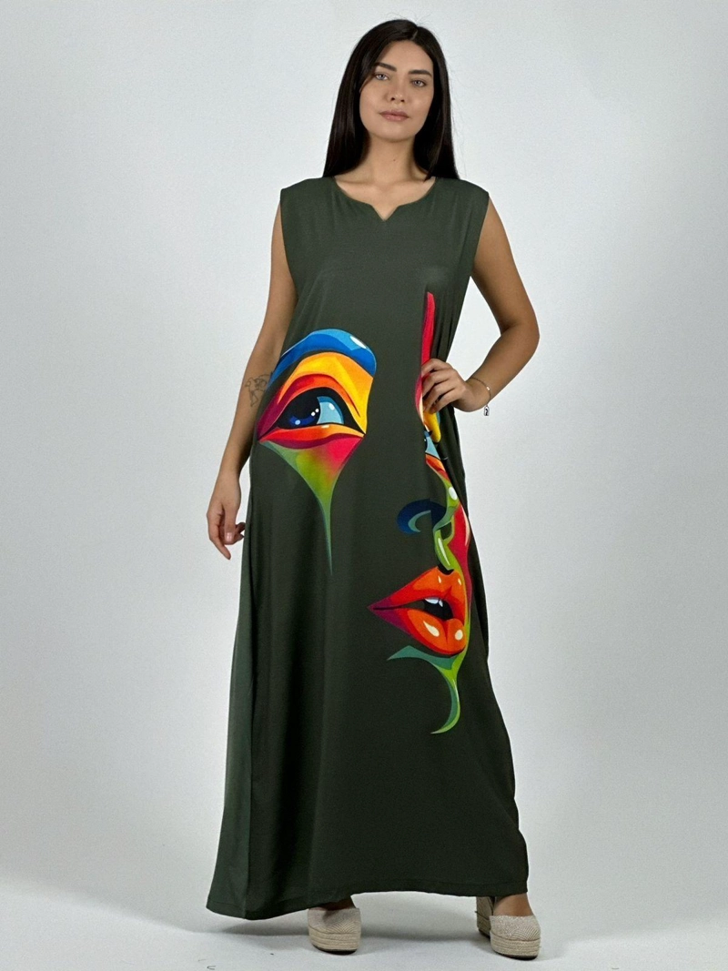 VESTIDO SUBLIMADO ROSTRO COLORIDO CAMEL - 1