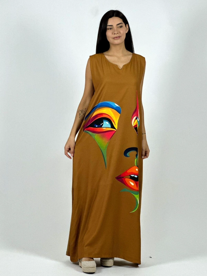VESTIDO SUBLIMADO ROSTRO COLORIDO CAMEL - 2