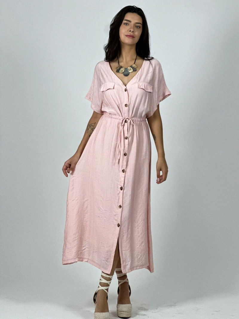 VESTIDO ABOTONADO AJUSTADO EN LA CINTURA ROSADO - 1