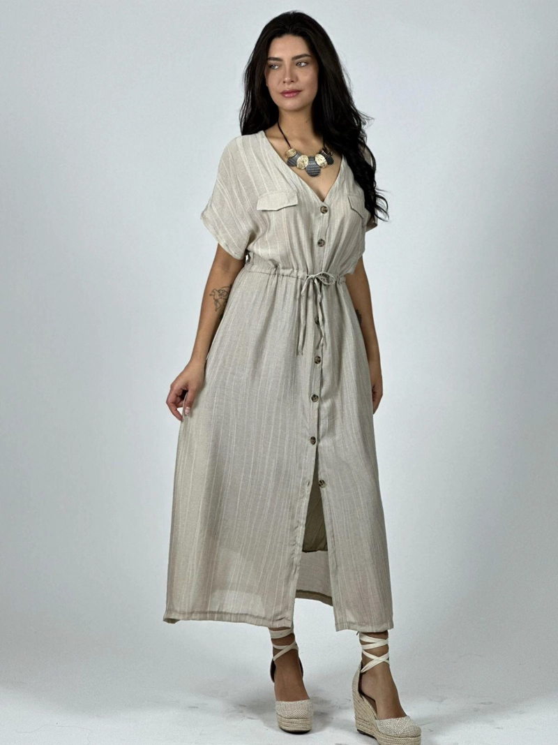 VESTIDO ABOTONADO AJUSTADO EN LA CINTURA ROSADO - 1