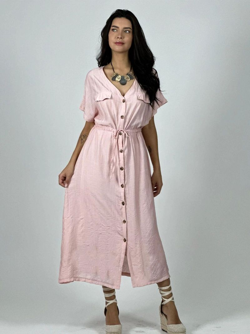 VESTIDO ABOTONADO AJUSTADO EN LA CINTURA ROSADO - 2