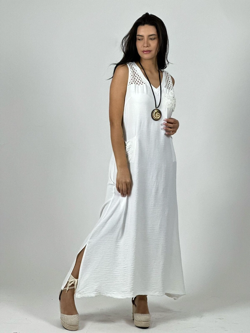 VESTIDO CREPE  HOMBROS TEJIDOS Y FLOR CELESTE - 1