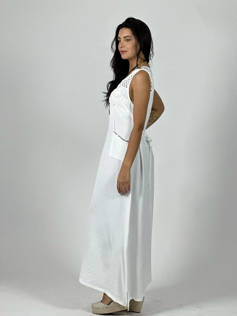 VESTIDO CREPE  HOMBROS TEJIDOS Y FLOR CELESTE - 2