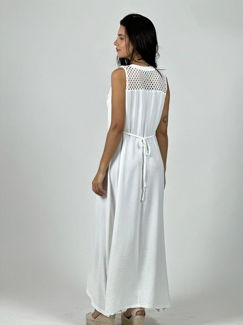 VESTIDO CREPE  HOMBROS TEJIDOS Y FLOR CELESTE - 3